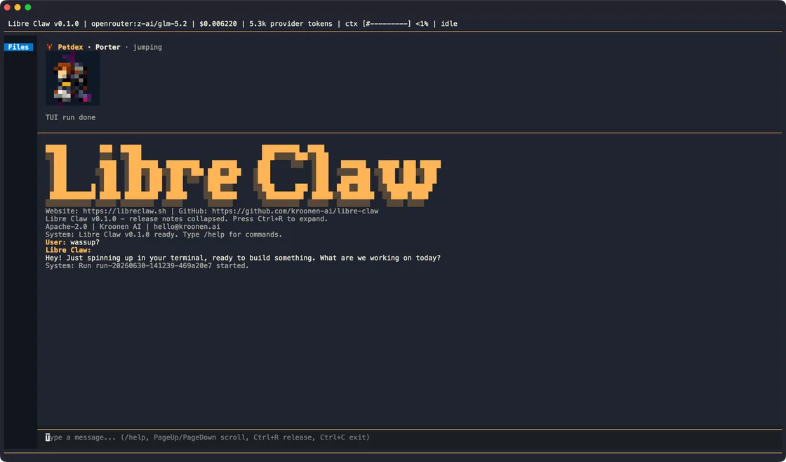 Libre Claw’s terminal interface with provider status and an active coding conversation.