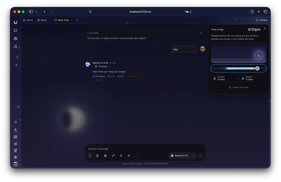 Libre WebUI running a local AI conversation with its celestial theme settings open.